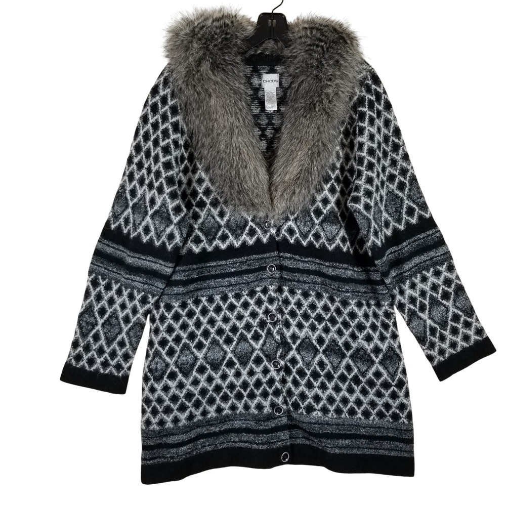 Chicos Women Sz L Black Grey Diamond Wool Blend Faux Fur Collar Cardigan Sweater